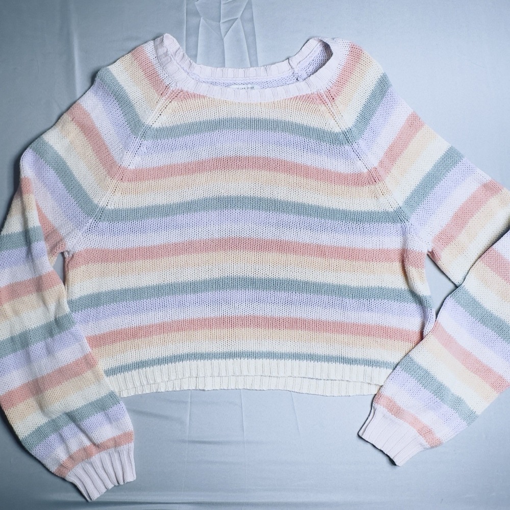 American Eagle Large‎ Pastel Rainbow Striped Crop Sweater Open Knit Spring